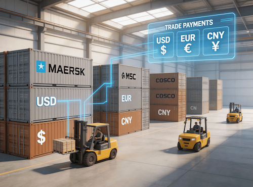 貨櫃與跨境物流倉儲，象徵外貿收款與供應鏈