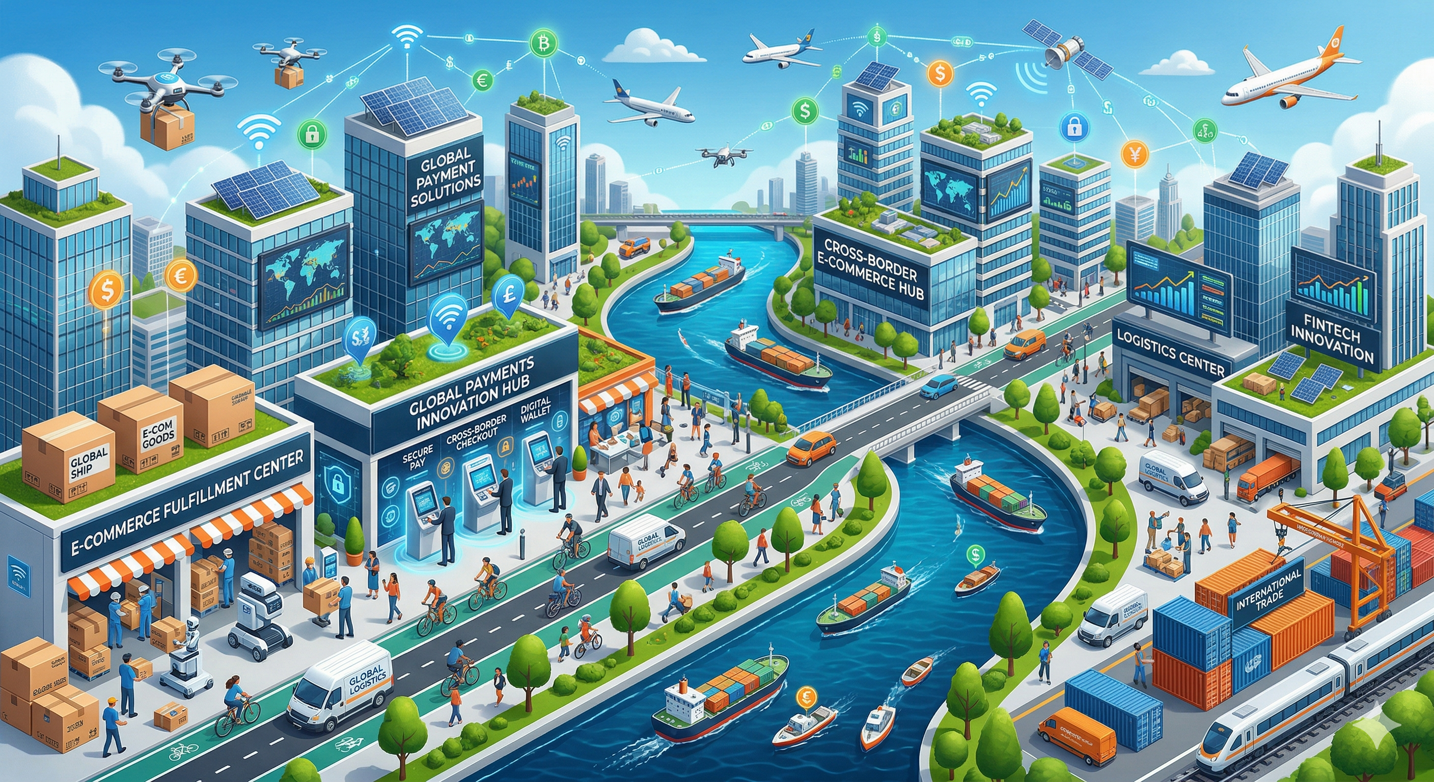 全球支付與跨境商務等距插畫主視覺